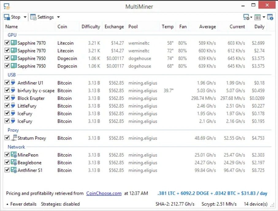 Интерфейс Multiminer