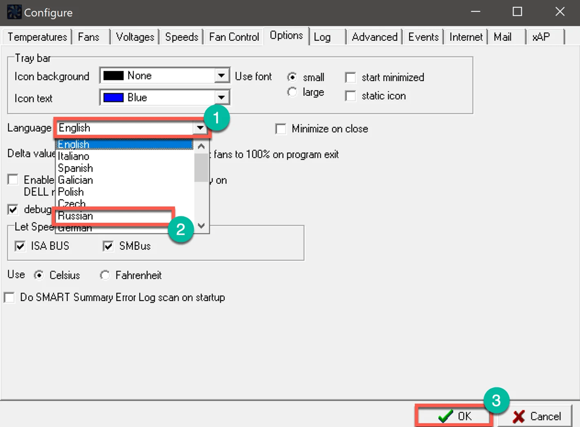 SpeedFan - изменение языка на русский