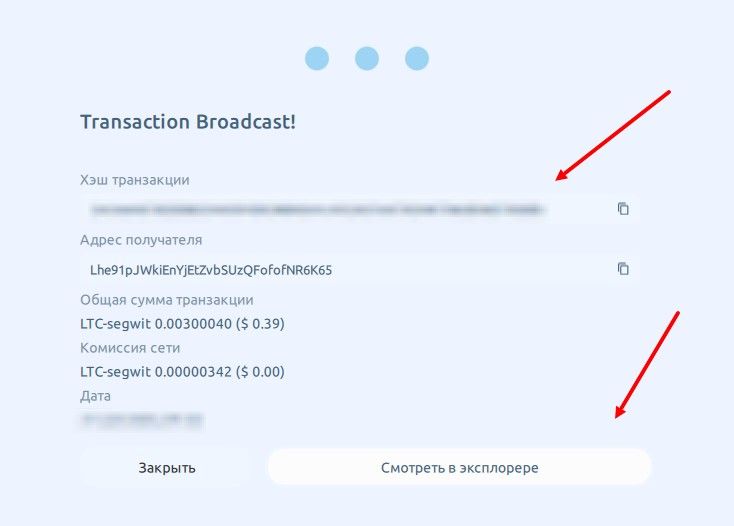 Отправка монет в Komodo Wallet - завершение платежа