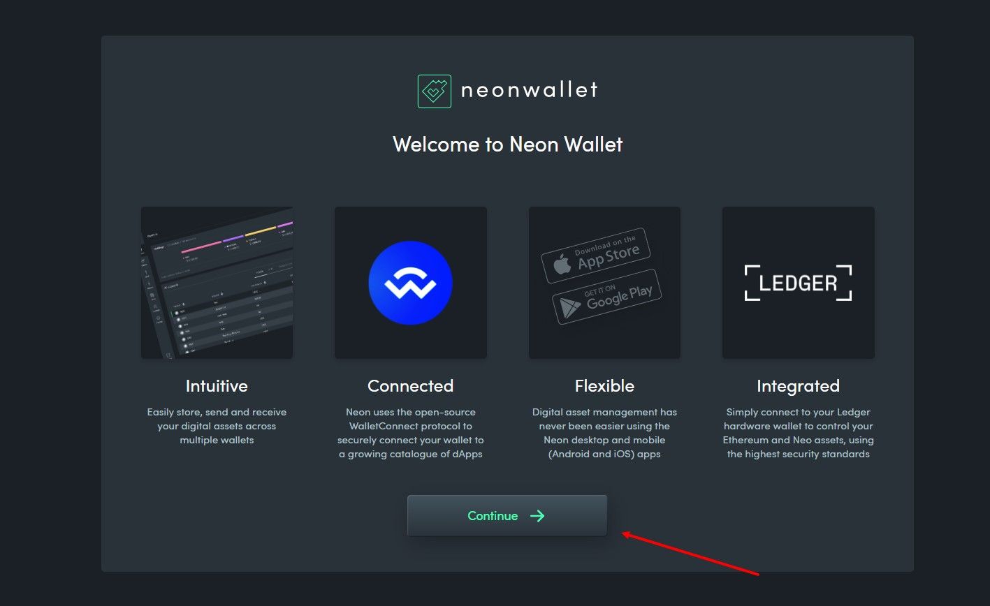 Создание кошелька Neon Wallet - приветственная страница