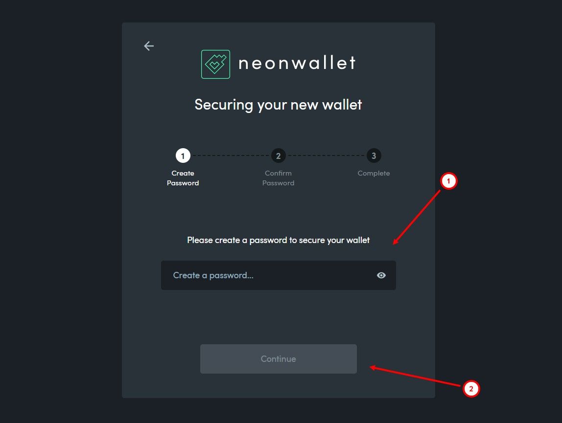 Создание кошелька Neon Wallet - ввод пароля