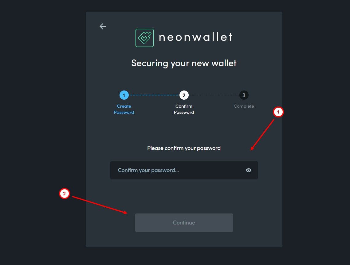 Создание кошелька Neon Wallet - повторный ввод пароля