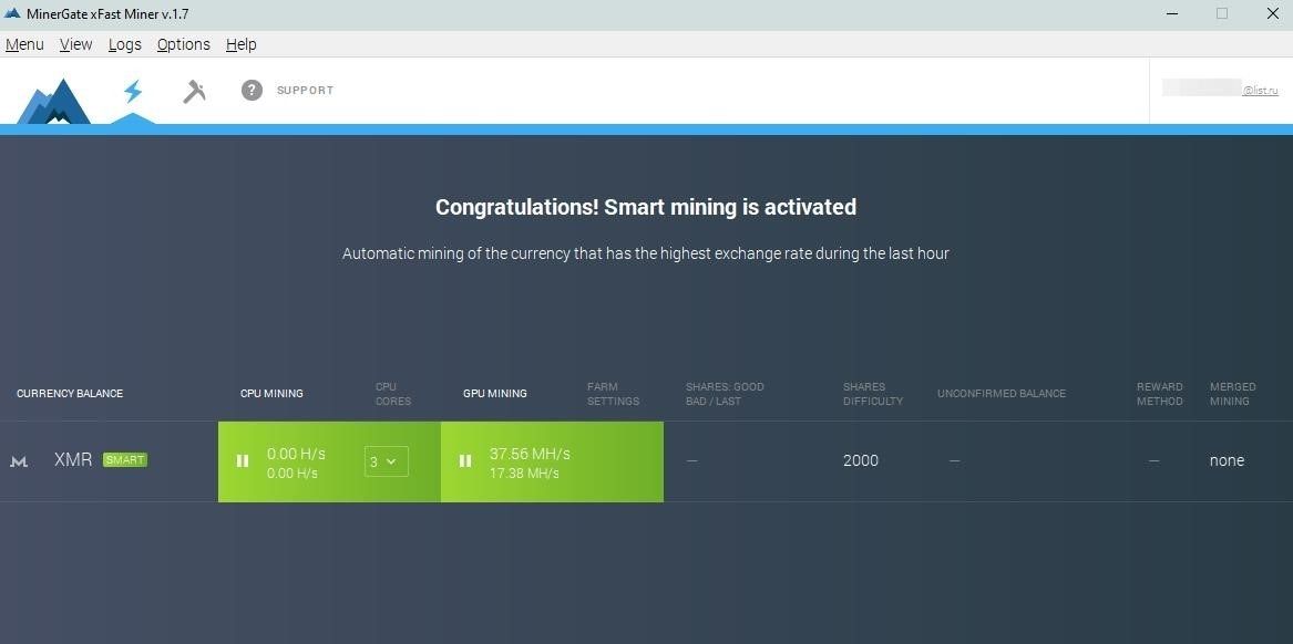 Запуск майнинга MinerGate