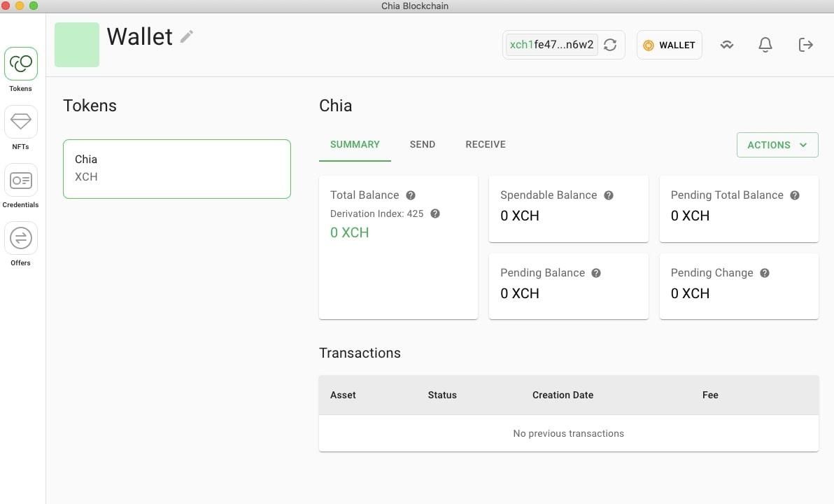 Официальный кошелек Chia Wallet - интерфейс