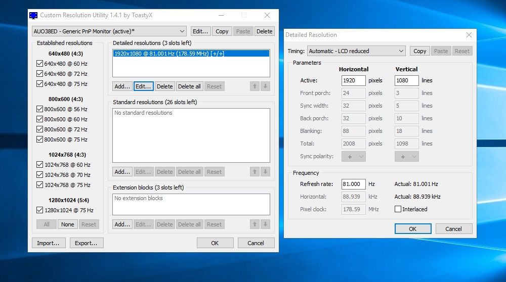 Интерфейс Custom Resolution Utility