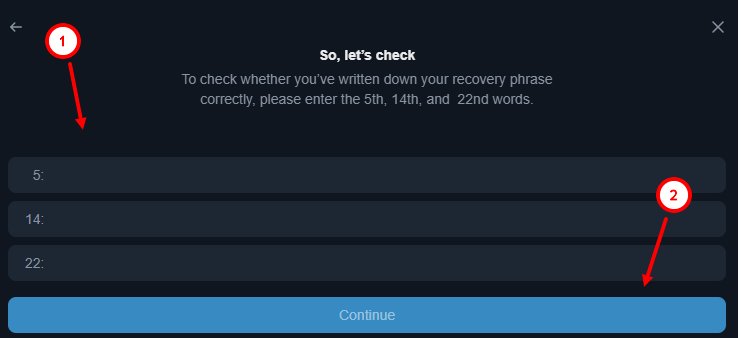 Создание кошелька Tonkeeper Wallet - укажите необходимые seed-слова
