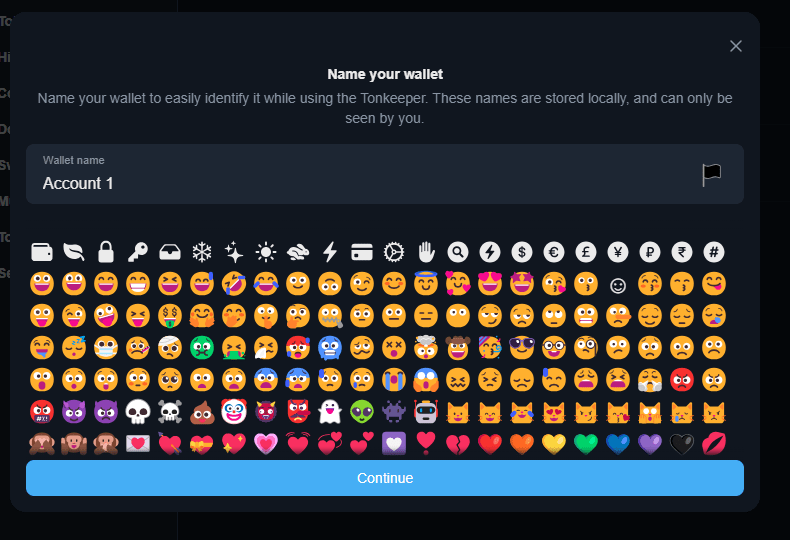 Создание кошелька Tonkeeper Wallet - ввод названия кошелька