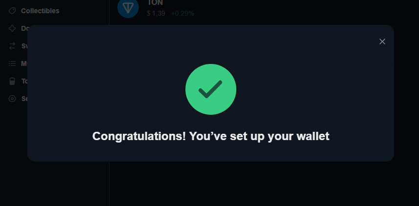 Сообщение о завершении процедуры создания кошелька Tonkeeper Wallet