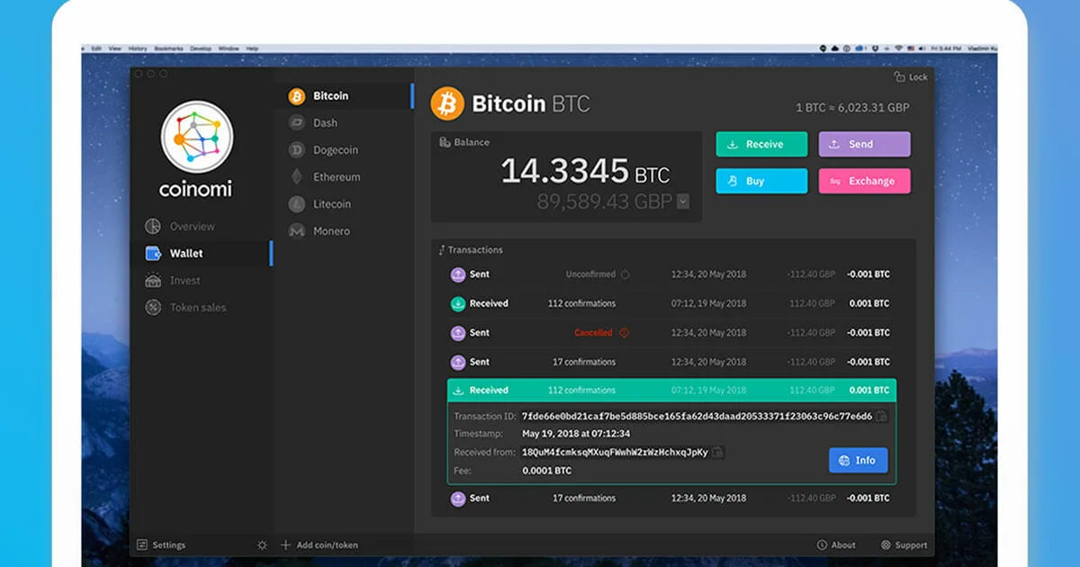 Интерфейс Coinomi