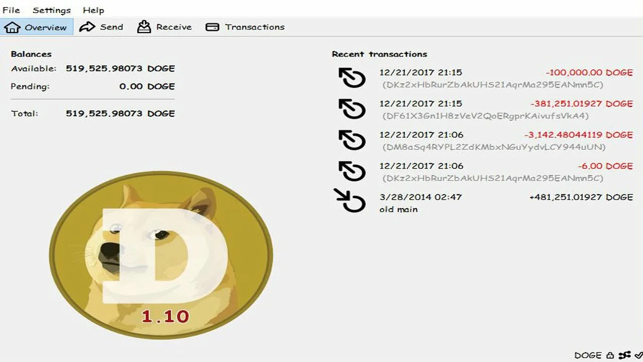 Интерфейс Dogecoin Core