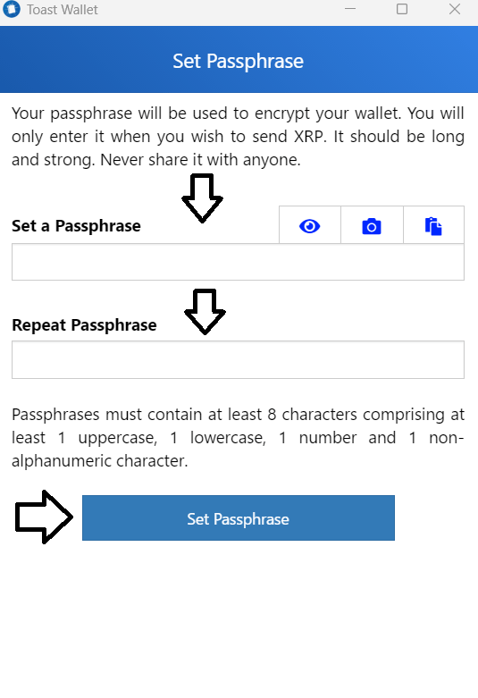 Ввод парольной фразы в Toast Wallet