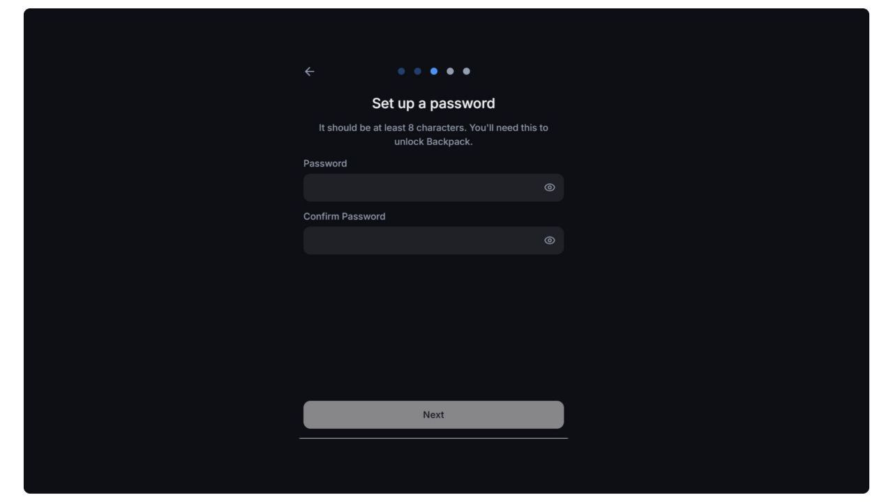 Ввод надежного пароля  на кошельке Backpack