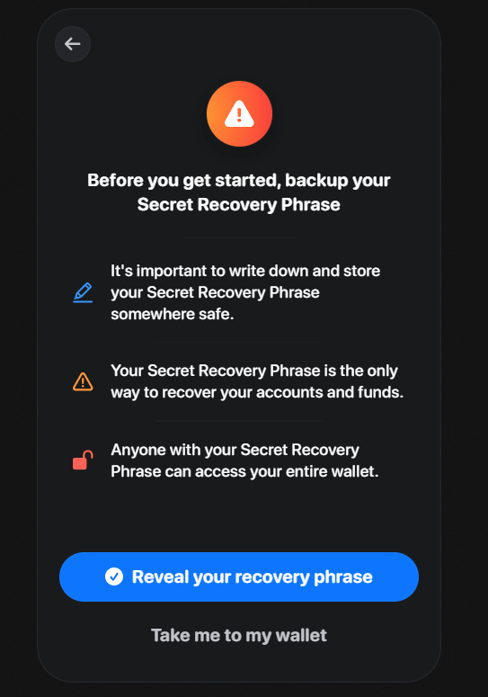 Получение секретной фразы в Rainbow Wallet