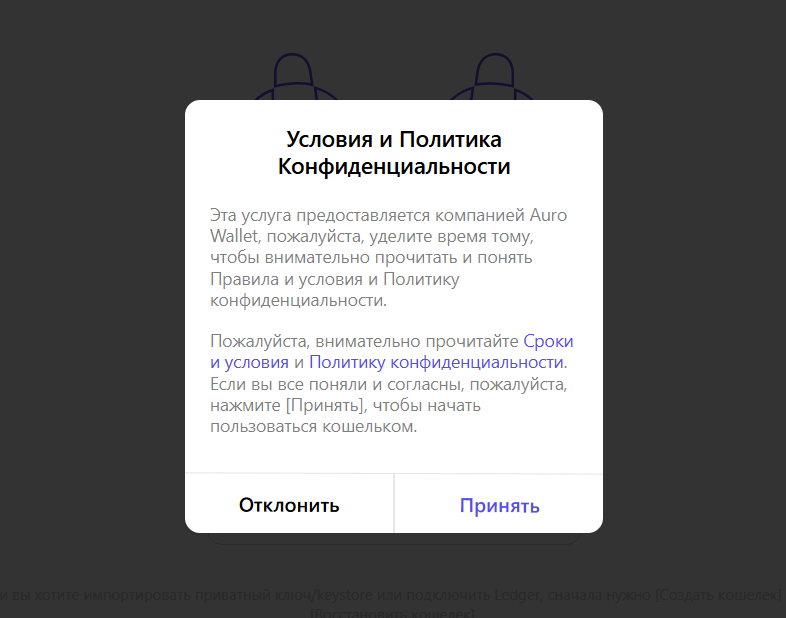 Принятие условий и политики конфиденциальности в Auro Wallet